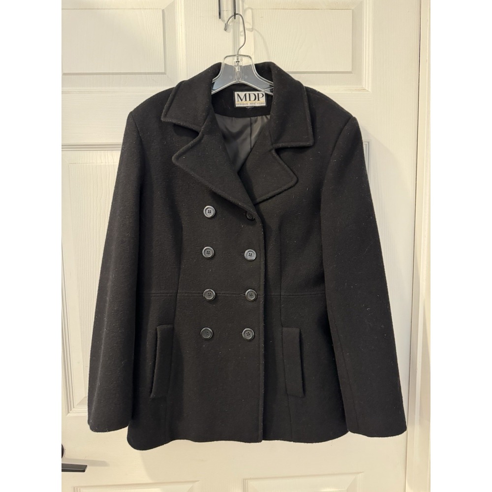 Vtg MDP Mario De Pinto Double Breasted Pea Coat‎  Size L Black Wool USA Made